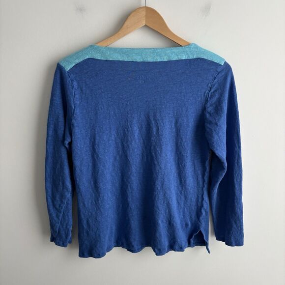Saks Fifth Avenue Womens XL Linen Top Blue Preppy Coastal 3/4 Sleeve Knit Tee - Picture 3 of 7